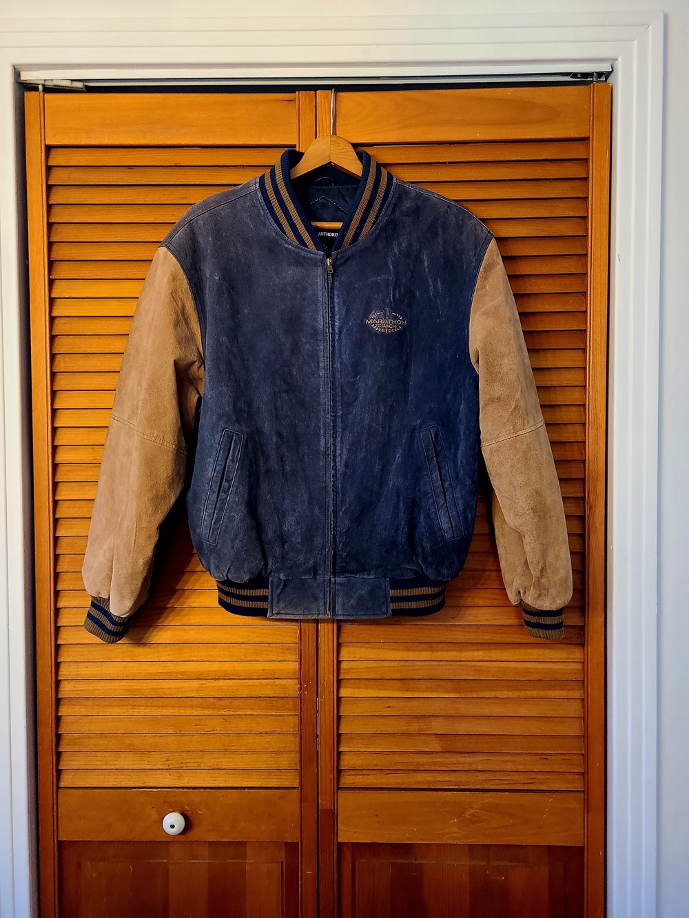 Men's Navy and Tan Authentic Suede Bomber Jacket - Vintage Sport Style